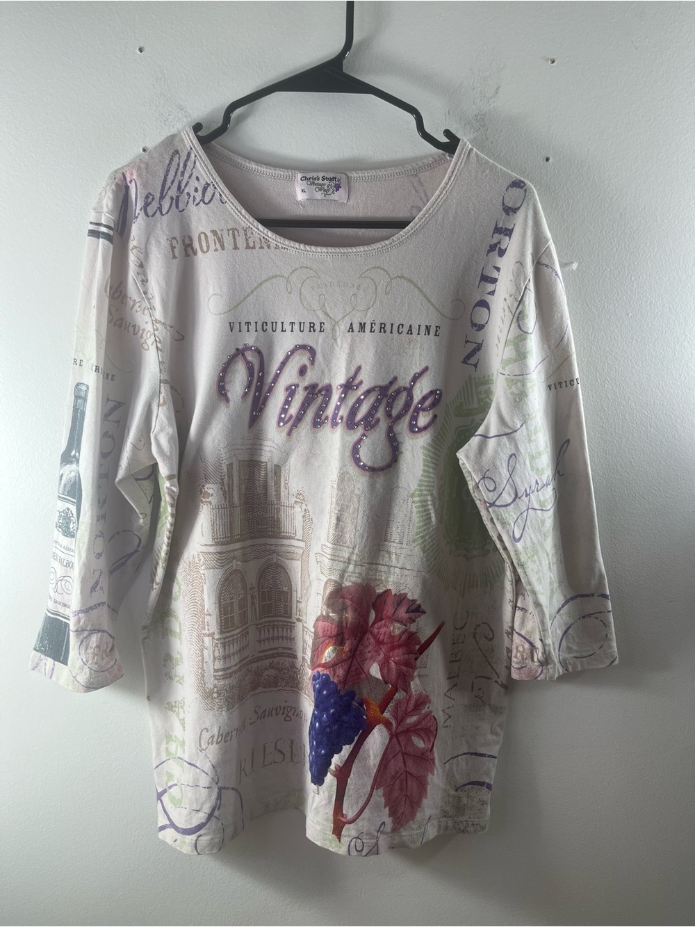 Chris’s Stuff Women’s XL Vintage Y2K Rhinestone Graphic Top Long Sleeve